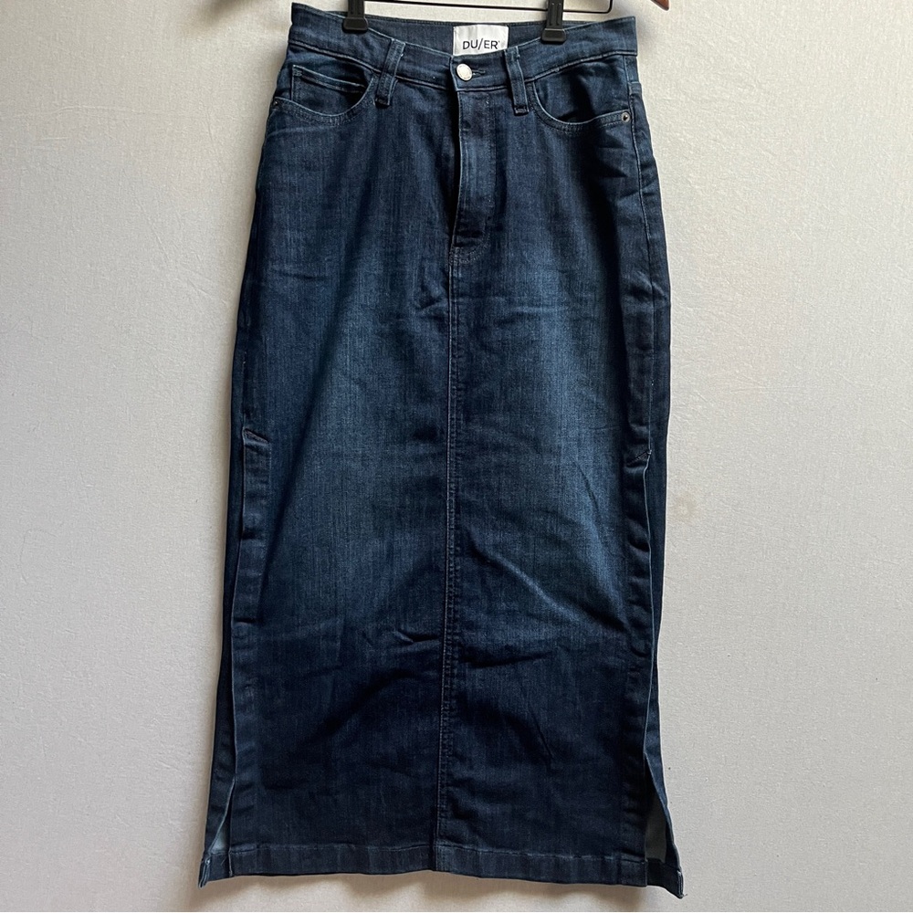 DU/ER Navy Denim Midi Skirt with Side Slits